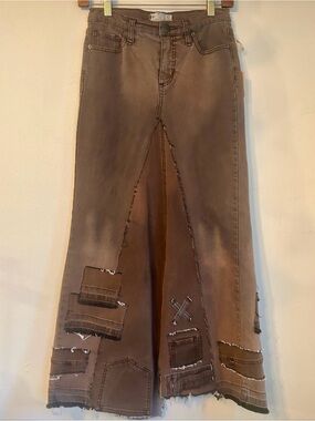Upcycled free people patched post Apocalyptic dystopian brown denim maxi skirt